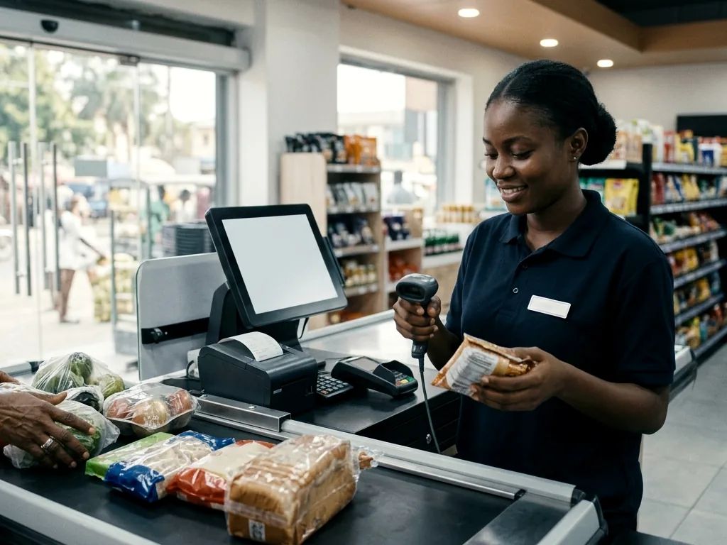 A cashier scanning groceries at a supermarket checkout in Lagos, with a point-of-sale terminal and receipt printer on the counter